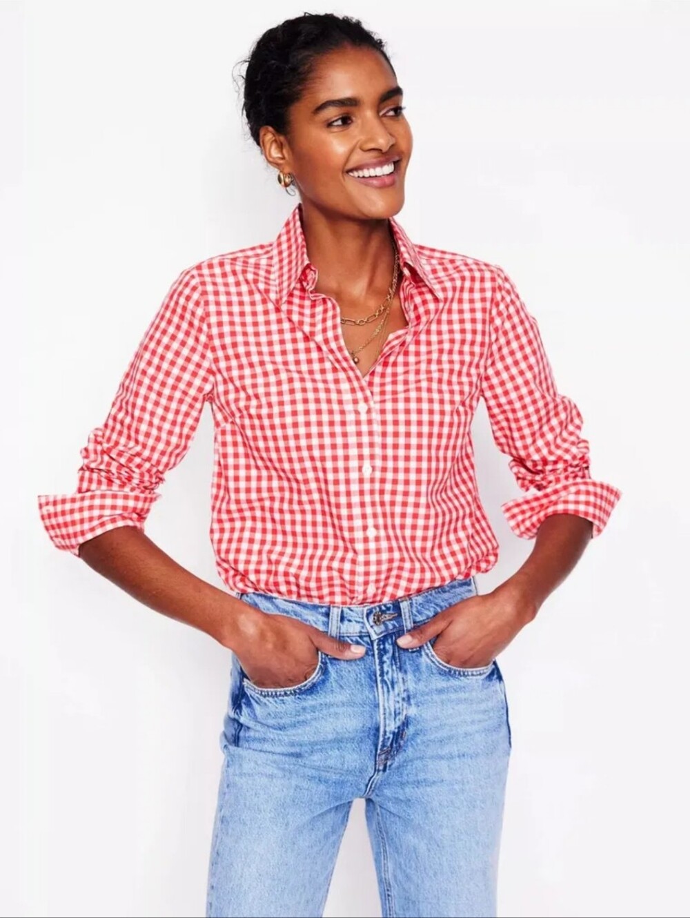 BODEN Sienna Cotton Shirt Red White Gingham Check Button Down Top NWOT